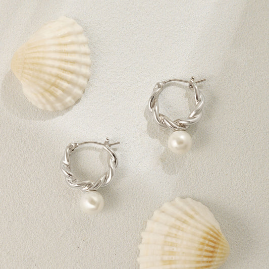 Pearl Twisted Small Drop Hoop Earrings