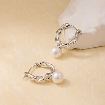 Pearl Twisted Small Drop Hoop Earrings